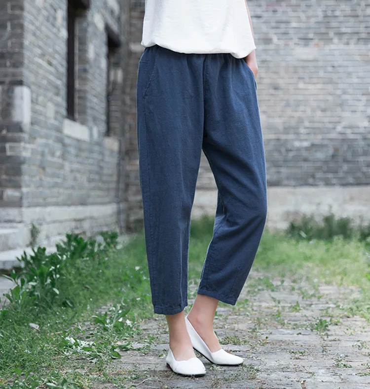 Johnature Loose Comfortable Solid Color Pockets Elastic Waist All-match Calf-length Pants 2020 Autumn New Women Straight Pants