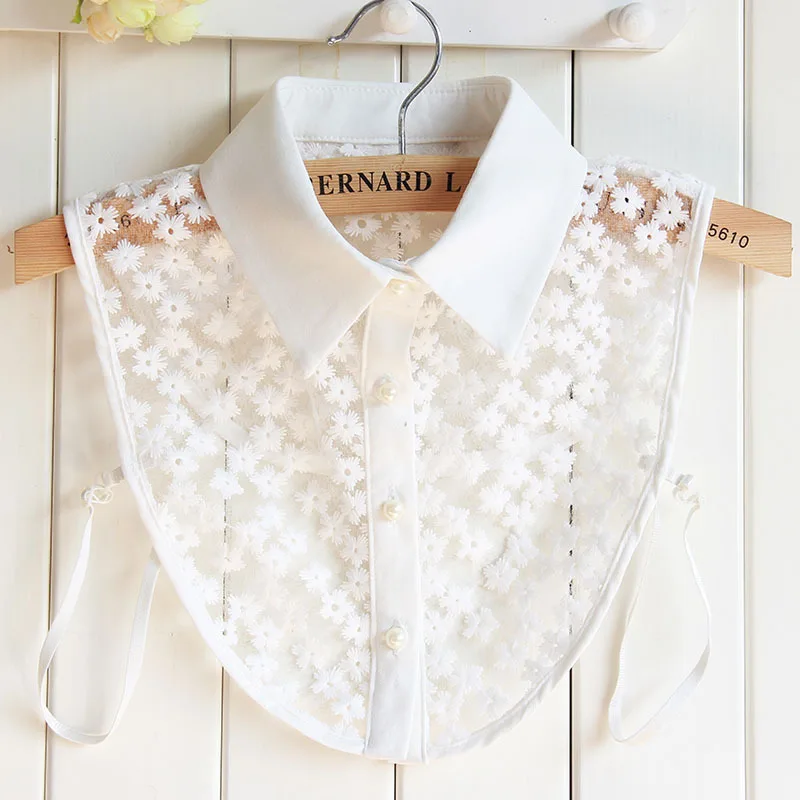 Для женщин вышивка кружевное платье с цветочным рисунком; свитер с оборками рубашка имитационный воротник, кардиган на пуговицах из хлопка и шифона съемный ложный воротник Блуза Топ - Цвет: Women Fake Collar