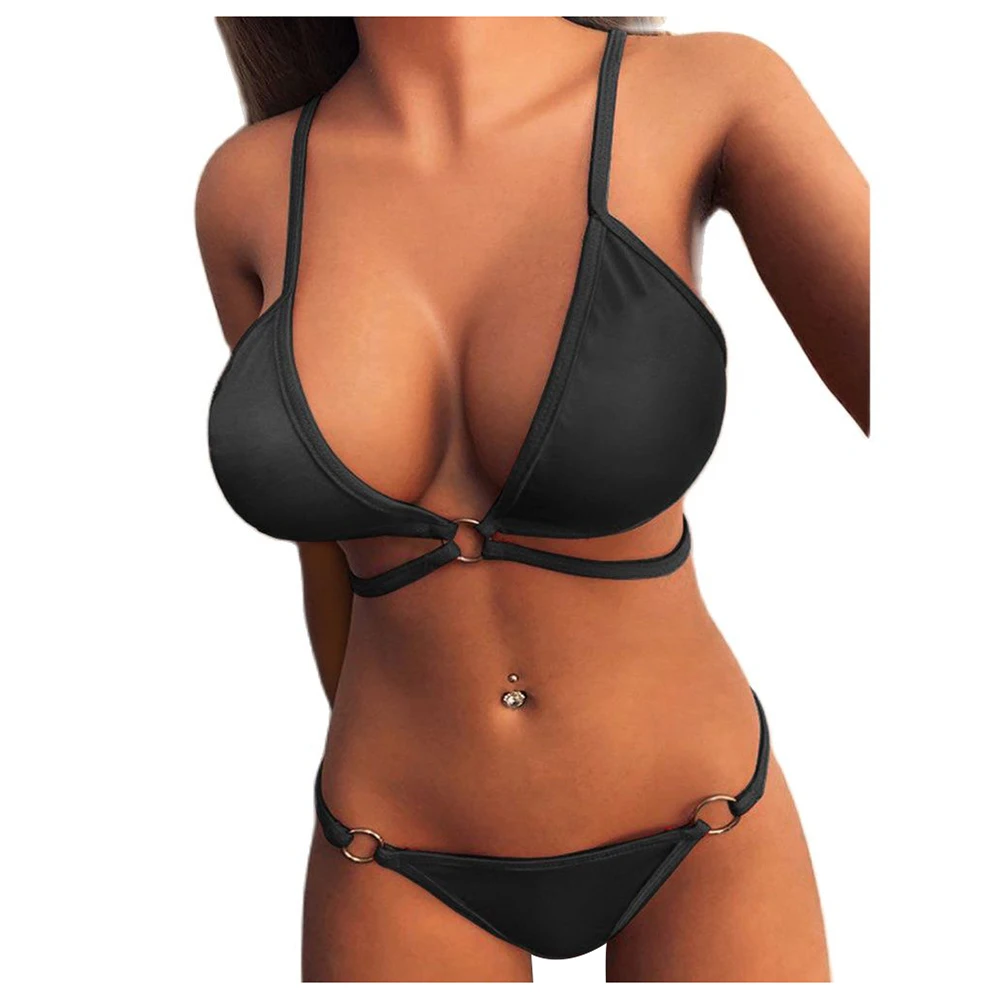 

2021 Women Swimsuit Sexy V-neck Bikini Set Beach Suit Ring Bikini Two Piece Set Summer Swimsuit Fashion Solid Color Hollow Out