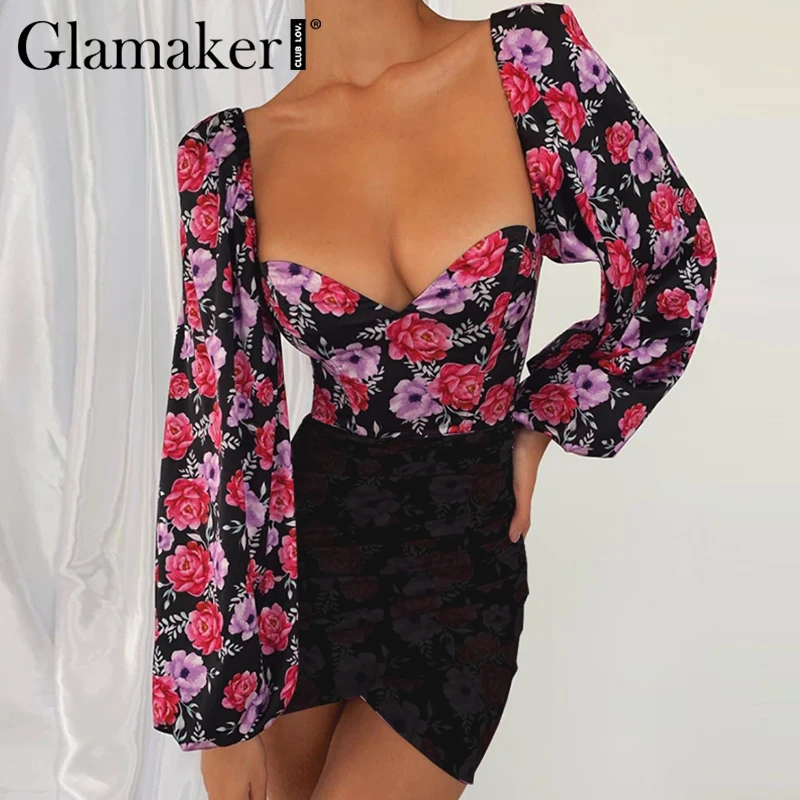 Glamaker с принтом розы, винтажная блузка с открытой спиной, женская, с длинным рукавом, с буфами, весенний Топ, сексуальный квадратный воротник, элегантные вечерние клубный кроп-топ