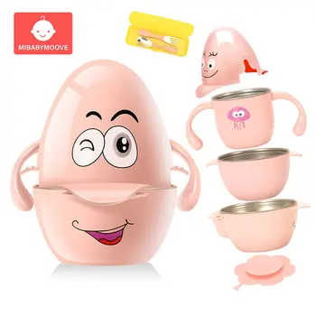 

6 Pcs/set Baby Stainless Steel Thermal Food Feeding Bowl Set With Spoon Fork Tableware Set Toddler Cup Insulated Sucker Plate