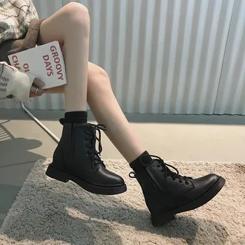 

Woman PU Leather Winter Boots Women Black Ankle Boots Punk Laces Motorcycle Boots Female Autumn Winter Shoes For Women