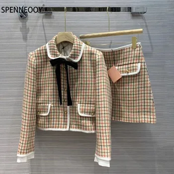 

SPENNYMOOR 2020 Autumn Winter Designer High-End Wool Skirt Suit Women Vintage Plaid Runway Two Piece Set