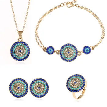 

Devil Of Eye Necklace Earrings Four Piece Set Round Blue Eyes Jewelry Suit Gift Annuversary Jewelry Ring