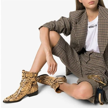 

Autumn Fashion Ankle Punk Booties 2019 Winter Women Snakeskin Ankle Boot With Belt Buckle Pointed Toe Leather Motorcycle Boots
