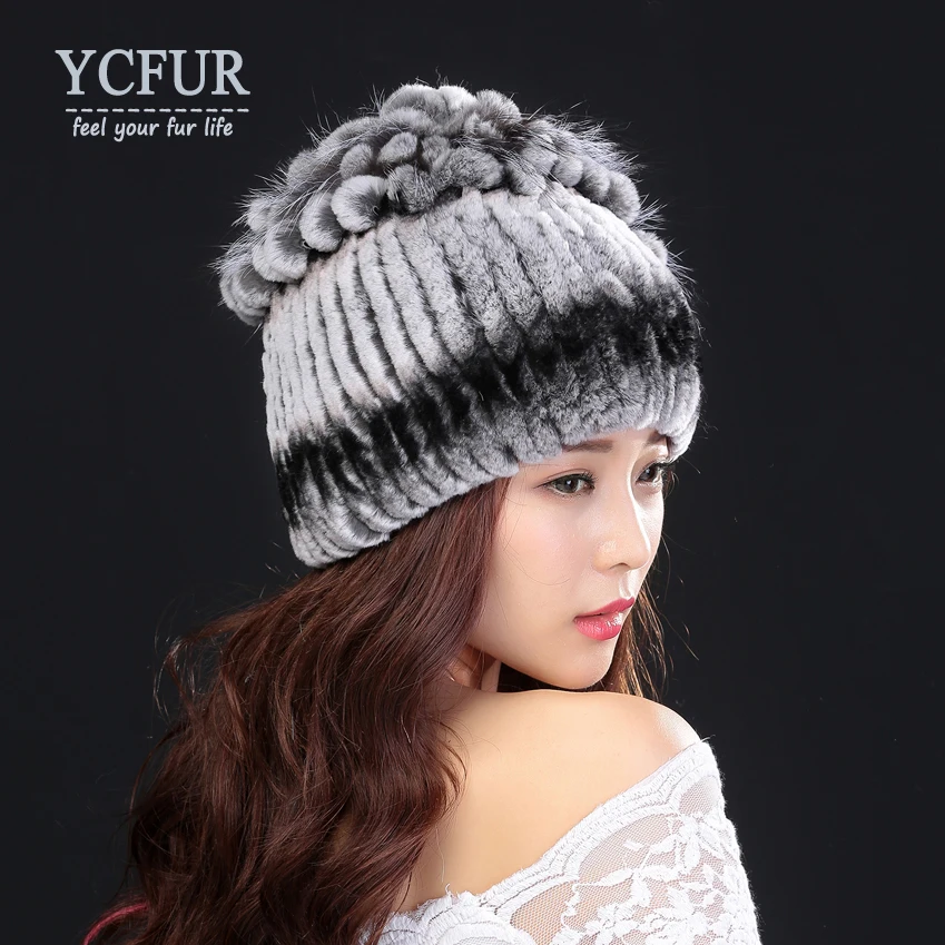 YC Fur зимняя шапка s шапки бини женские Прошитые полосы Настоящий мех кролика шапка женская мягкая теплая натуральный мех шапочки для дам