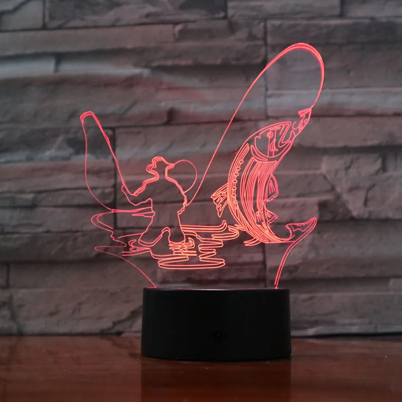 Светодиодный 3D настольный светильник в форме рыбацкого человека, USB, 7 цветов, меняющий форму рыбы, ночник, сенсорный дистанционный светильник для настроения, детский подарок, домашний декор