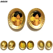 Золотое Искусство Живопись ювелирные изделия женские Овальные серьги-гвоздики Gustav Klimt фото поцелуй фото каплеобразные серьги ретро модные аксессуары