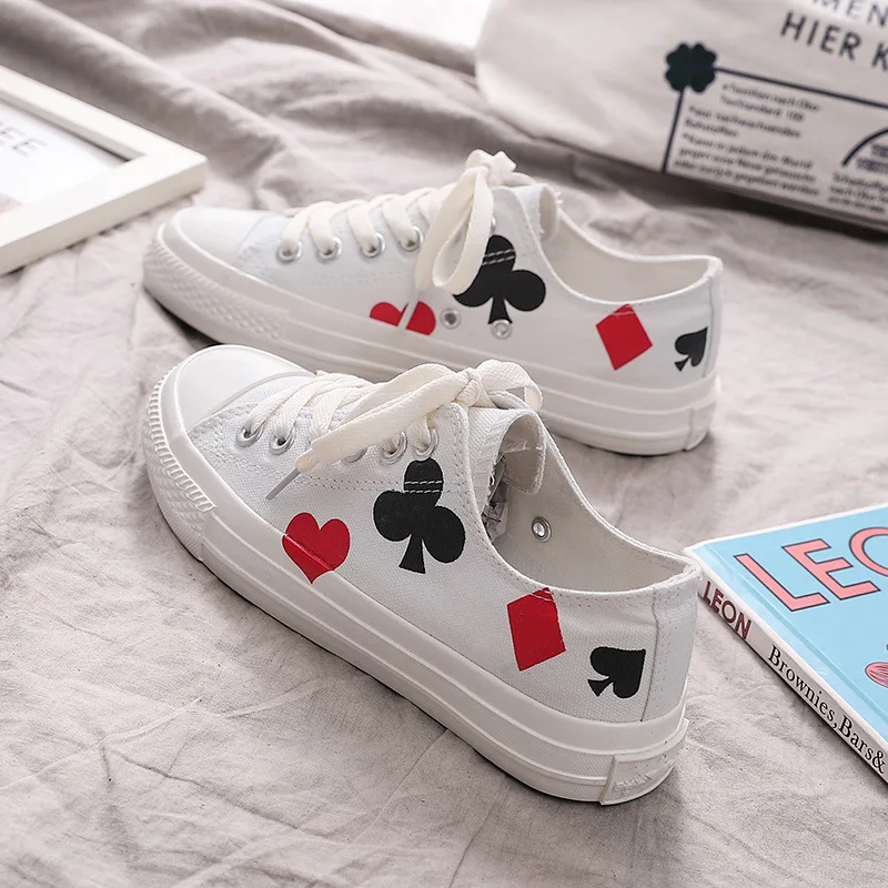 

Canvas Shoes 2019 Autumn White Shoes Poker Card Pattern Printed Breathable Women Casual Sneakers Outdoor Wild Breathable Shoes