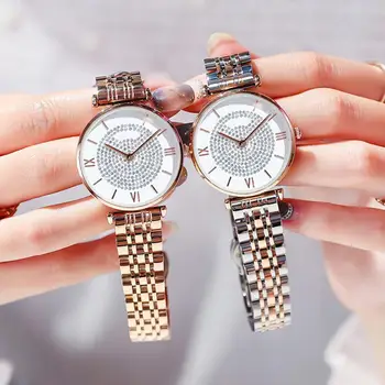 

Fashion Casual Women Watch Paved Rhinestone Roman Numerals Round Dial Alloy Band Analog Ladies Quartz Wrist Watches Female Gifts