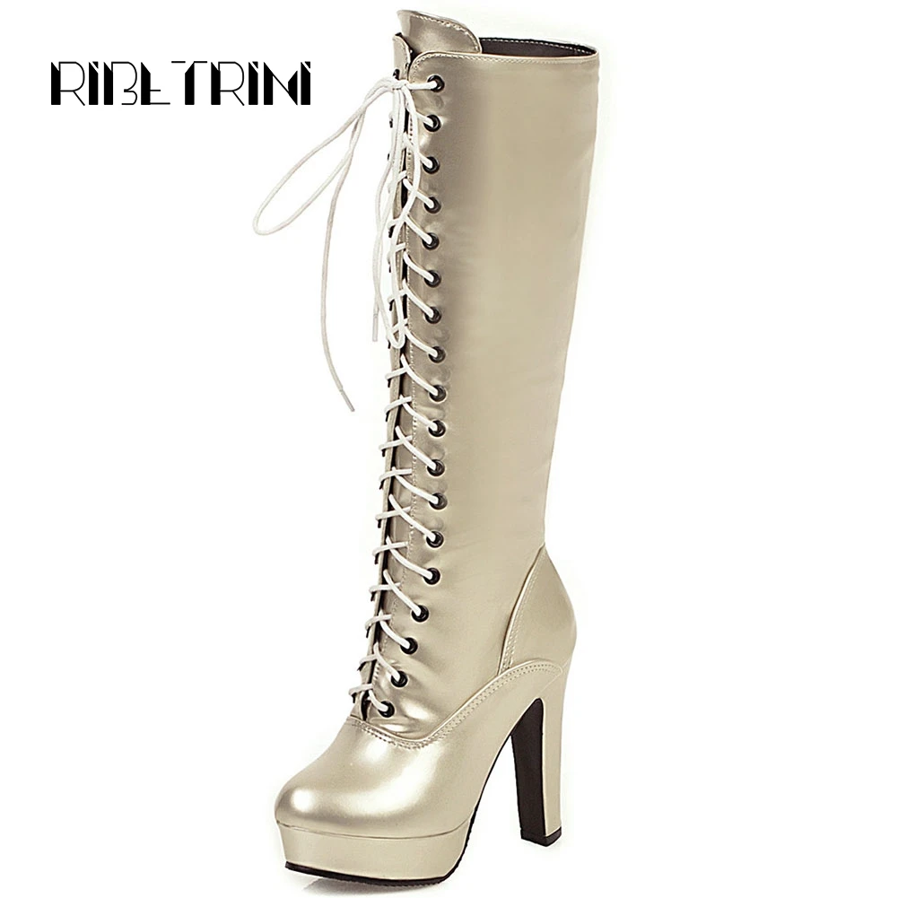 

RIBETRINI 2020 Hot Women Knee Boots Vintage Square High Heels Lace Up Round Toe Platform Patent PU Leather Knight Boots Big Size