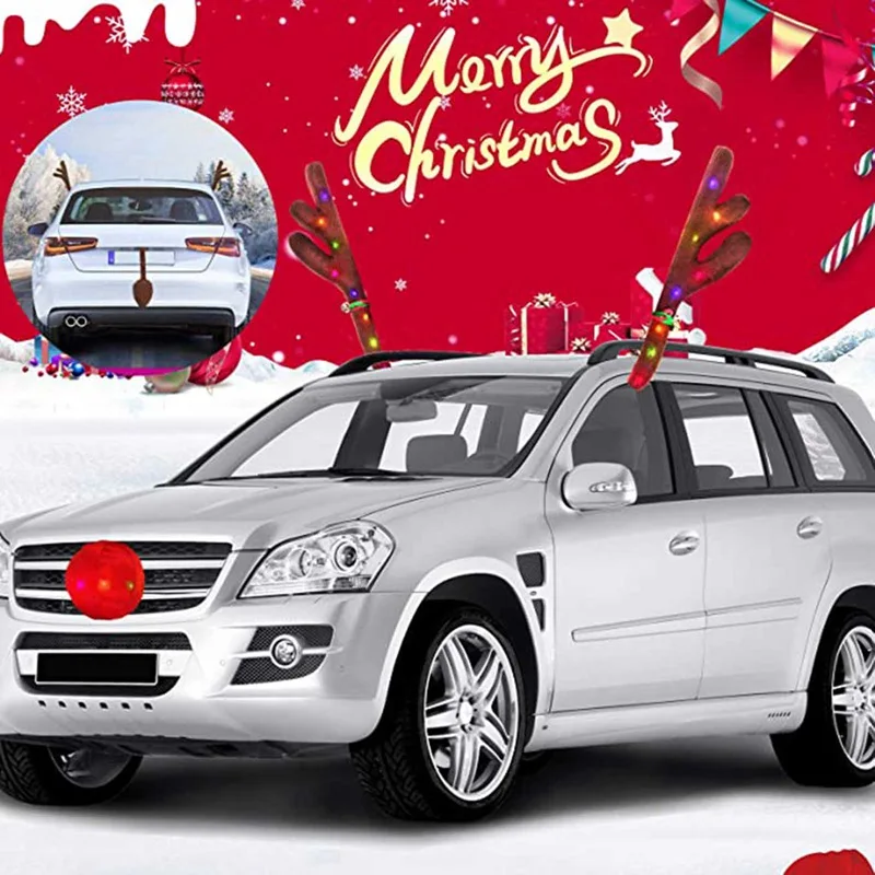 

New Christmas Car Reindeer Antler Nose Decorations Window Roof-Top Grille Rudolph Elk Auto Ornaments Car Styling Exterior Trim
