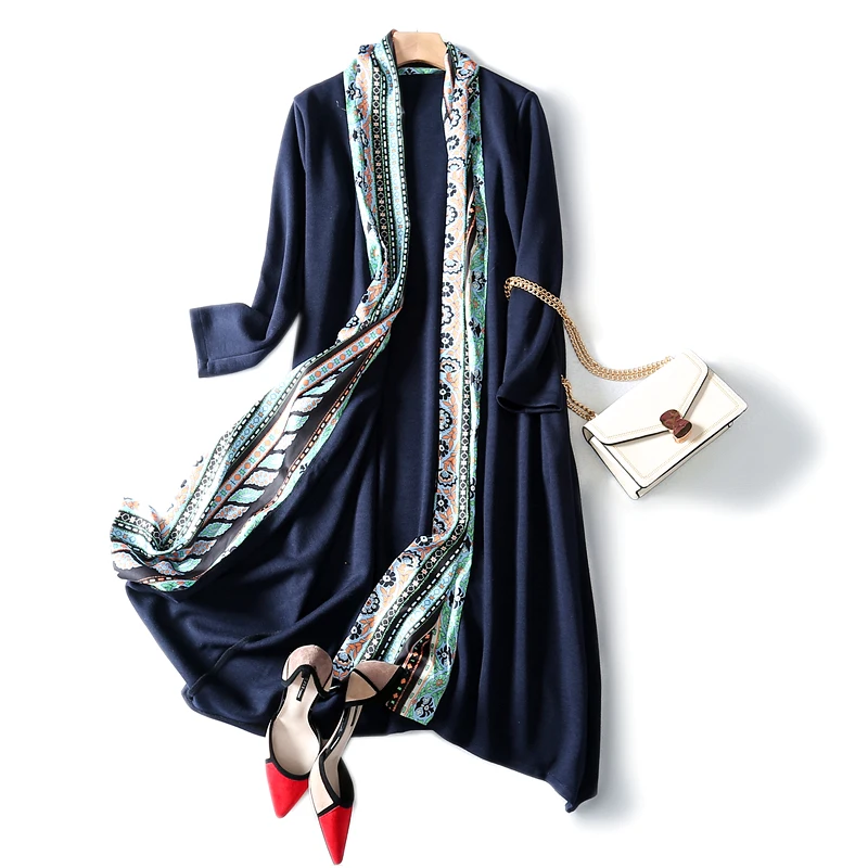 

Fashionable Scarf Collar Blue Slim Buttonless Knit Cardigan Outside 2019 New Autumn And Winter Wear Sweater Women Trench L-3XL