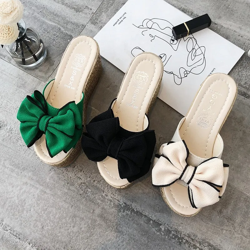 

2019 Summer New Style Korean-style Bow Thick Bottomed Platform Heel Waterproof Platform Line-styled WOMEN'S Slippers