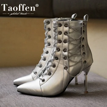 

Taoffen Woemn Ankle Boots Sexy Chain Thin High Heel Winter Shoes Woman Zipper Fashion Short Boot Lady Party Footwear Size 34-43