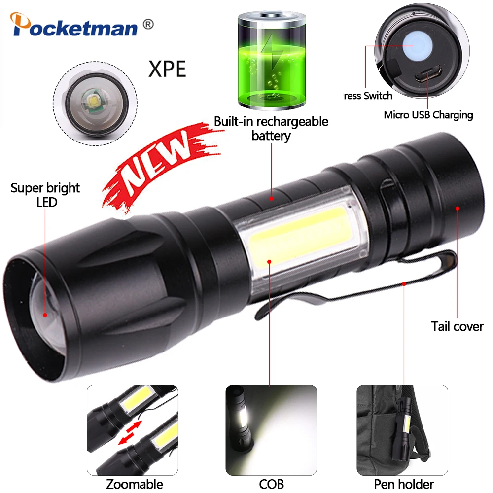 

USB Rechargeable Flashlight Protable XPE+COB Torch Zoomable Waterproof Torch Lantern Work Light With 14500 battery Built-in