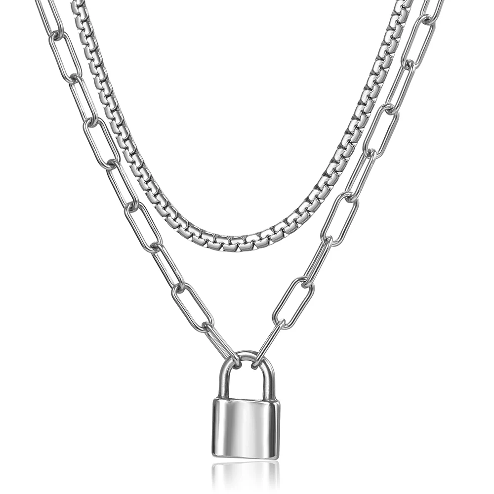 Fashion Padlock Charm Necklaces Set For Men Women Stainless Steel Link