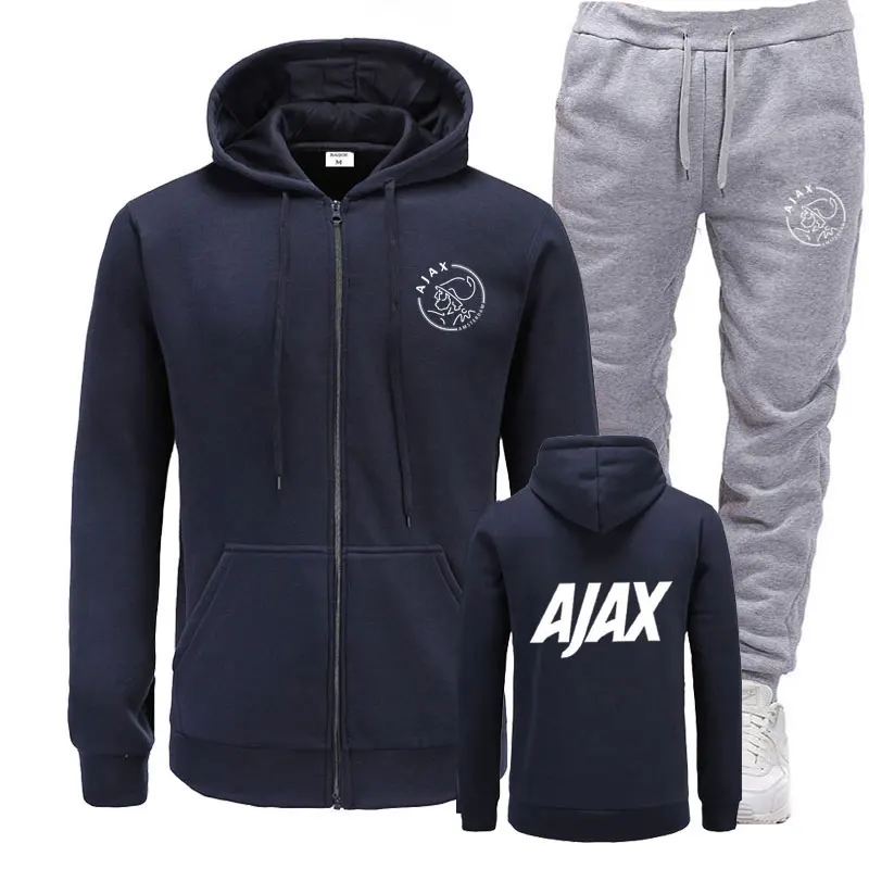 Gray navy Новинка, спортивный костюм, модные AJAX мужские спортивные толстовки, комплекты из двух предметов, хлопковая флисовая плотная толстовка с капюшоном+ штаны, спортивный костюм для мужчин - Цвет: Gray navy
