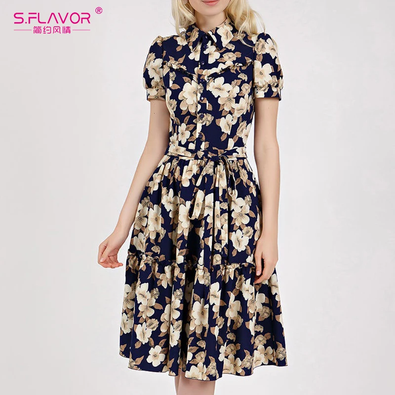 S. FLAVOR весеннее платье-рубашка с отложным воротником элегантное женское платье трапециевидной формы с коротким рукавом и цветочным принтом модное Повседневное платье Vestidos