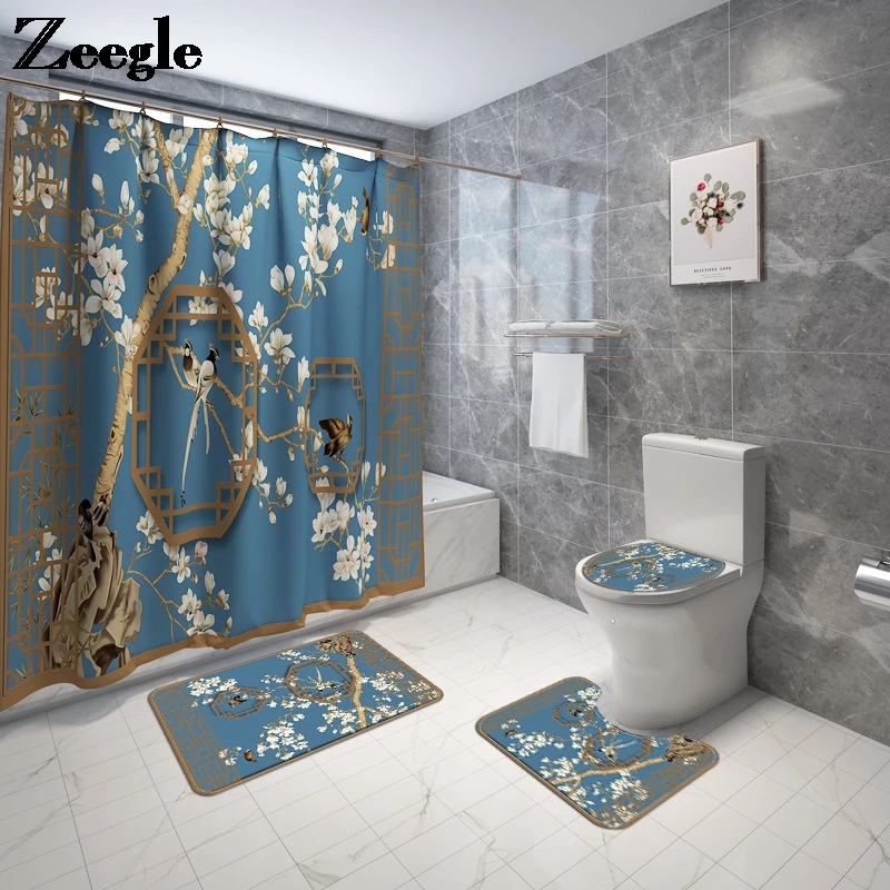 Zeegle Bath Mat and Shower Curtain Set Printing Bathroom Carpet Flannel Toilet Seat Cover Mat Bathroom Floor Foot Mat