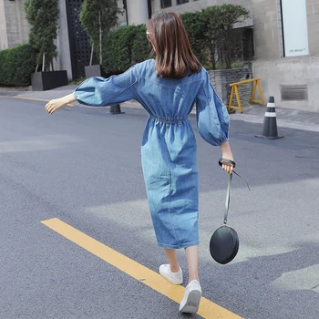 

2020 Spring And Autumn New Lantern Sleeves Youth Popular Solid Color Denim Dress Fashion Casual Loose Mid-length Blue