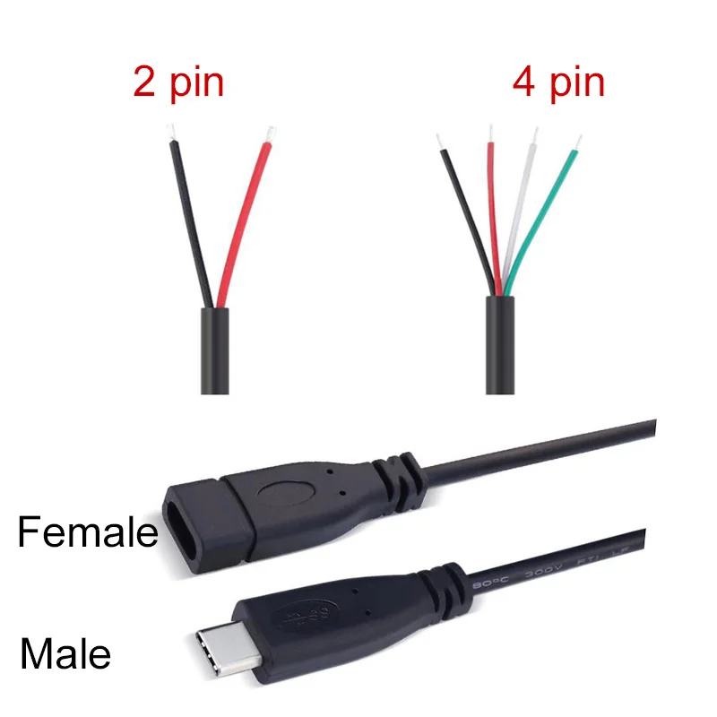 2pin 4pin Cable USB 2,0 tipo C hembra de extensión de enchufe tipo de soldadura USB-C bricolaje reparar Cable conector de cargador para Huawei Xiaomi