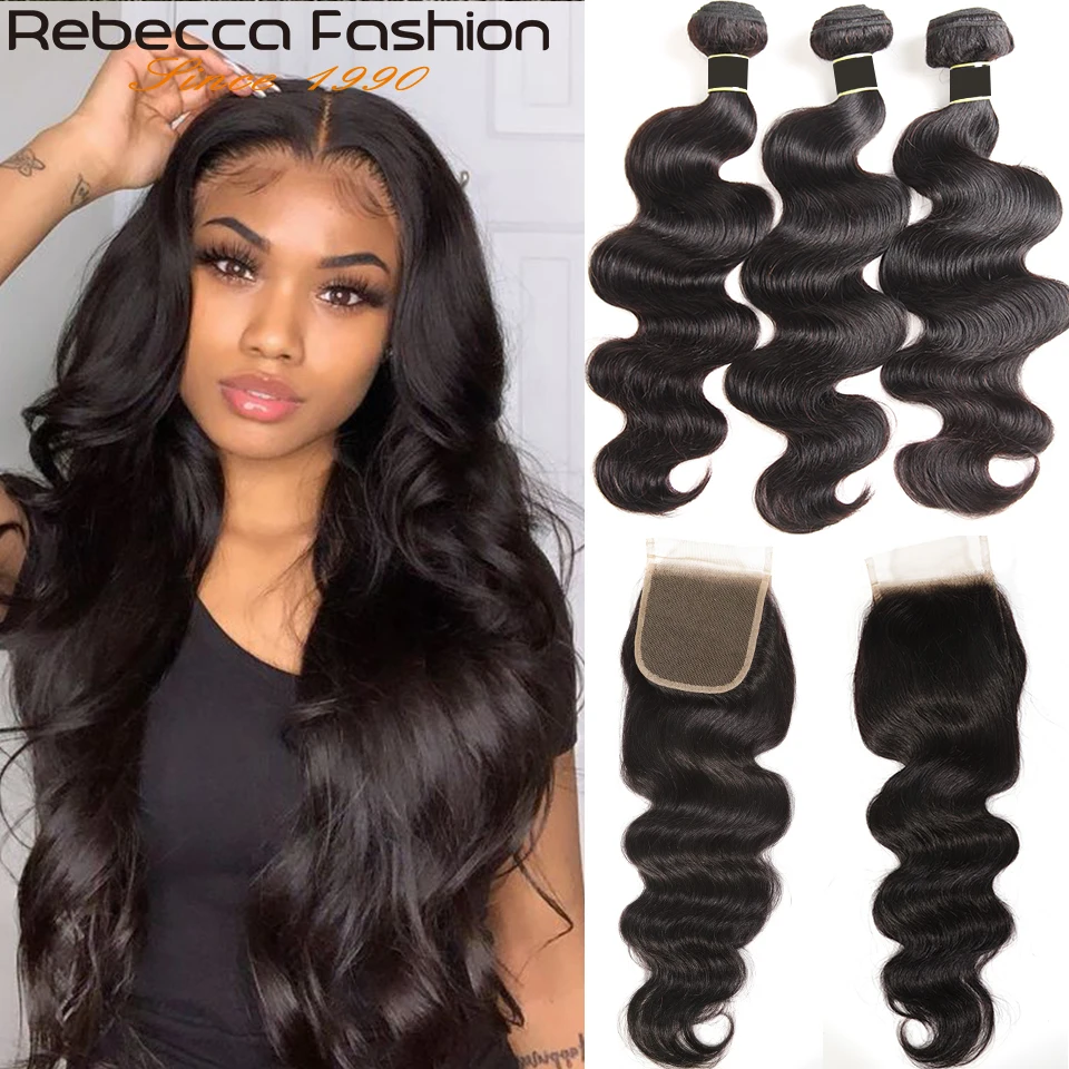 Rebecca de la onda del cuerpo de mechones con cierre cabello humano Remy 3 /4 mechones con cierre brasileño extensiones de pelo ondulado mechones