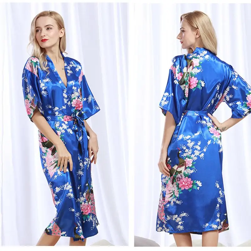 Peacock robe feminino, женский халат, сексуальный соблазнительный кардиган, пижама, летняя, большой размер, длинная Домашняя одежда, темно-синяя Пижама