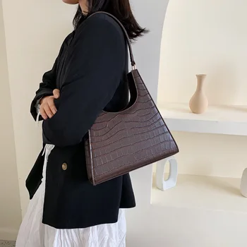 

2019 Women Solid Color Retro Shoulder Bags For Women Quality Stone Pattern Handbags Lady Elegant Shoulder Hand Bags