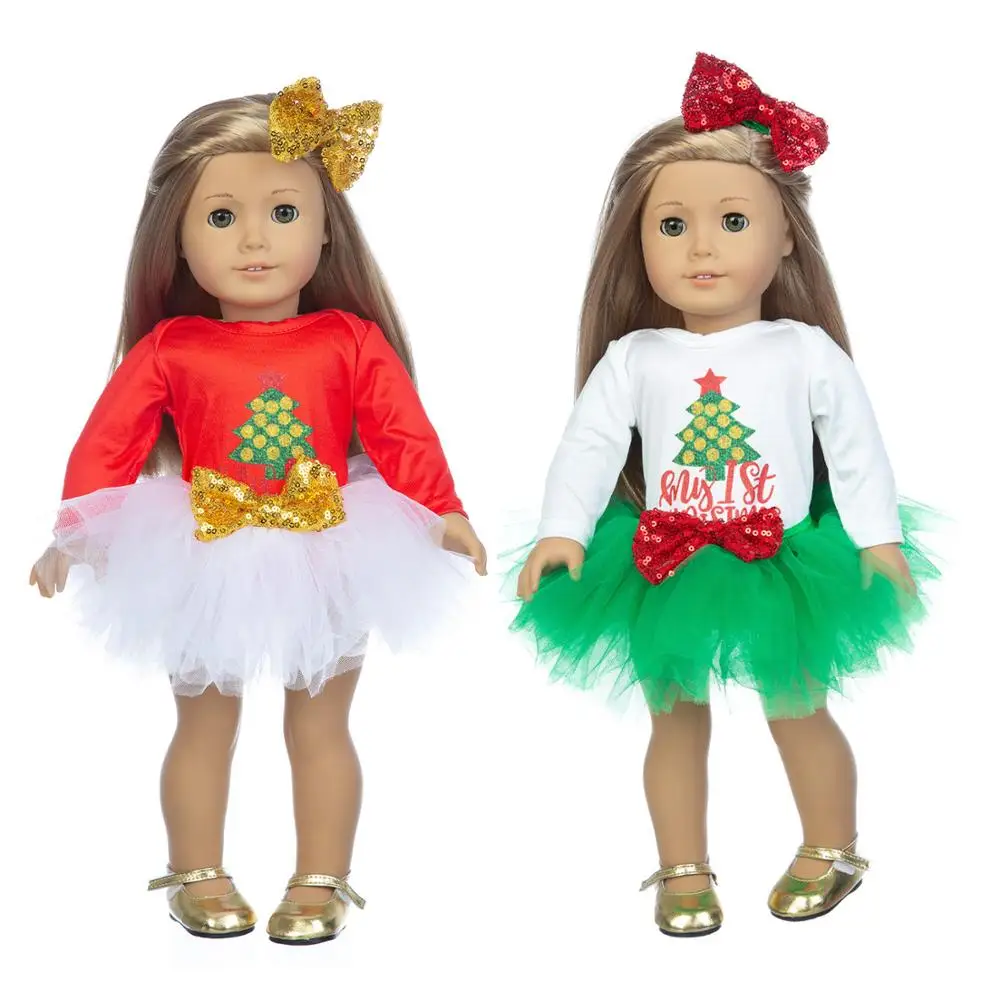 

2020 New Baby New Born Fit 18 inch Doll Clothes Accessories Christmas Tree Bow Hair Tie Veil Skirt Suit For Baby Birthday Gift