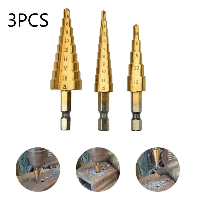 

3PCS Step Cone Taper Drill Bit Set Hex Taper Hss Metal Hole Cutter Metric 3-12 4-12 4-20Mm 1/4 Inch Titanium Coated Automatical