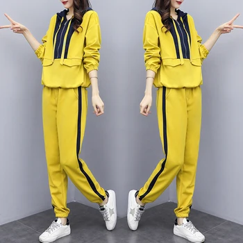 

2020 spring women's casual large size Color matching Hoodie tops+pants suits female fashion plus size two piece sets