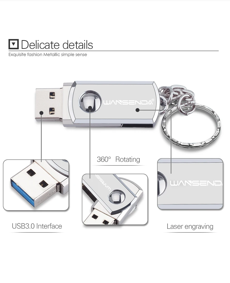 Stainless Steel USB 3.0 Flash Drive with Key Ring