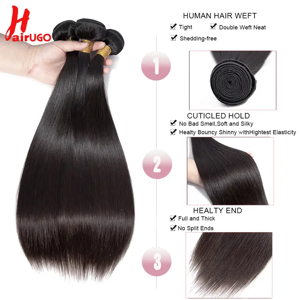 Hairugo Straight Hair Bundles With Closure Brazilian Hair Weave