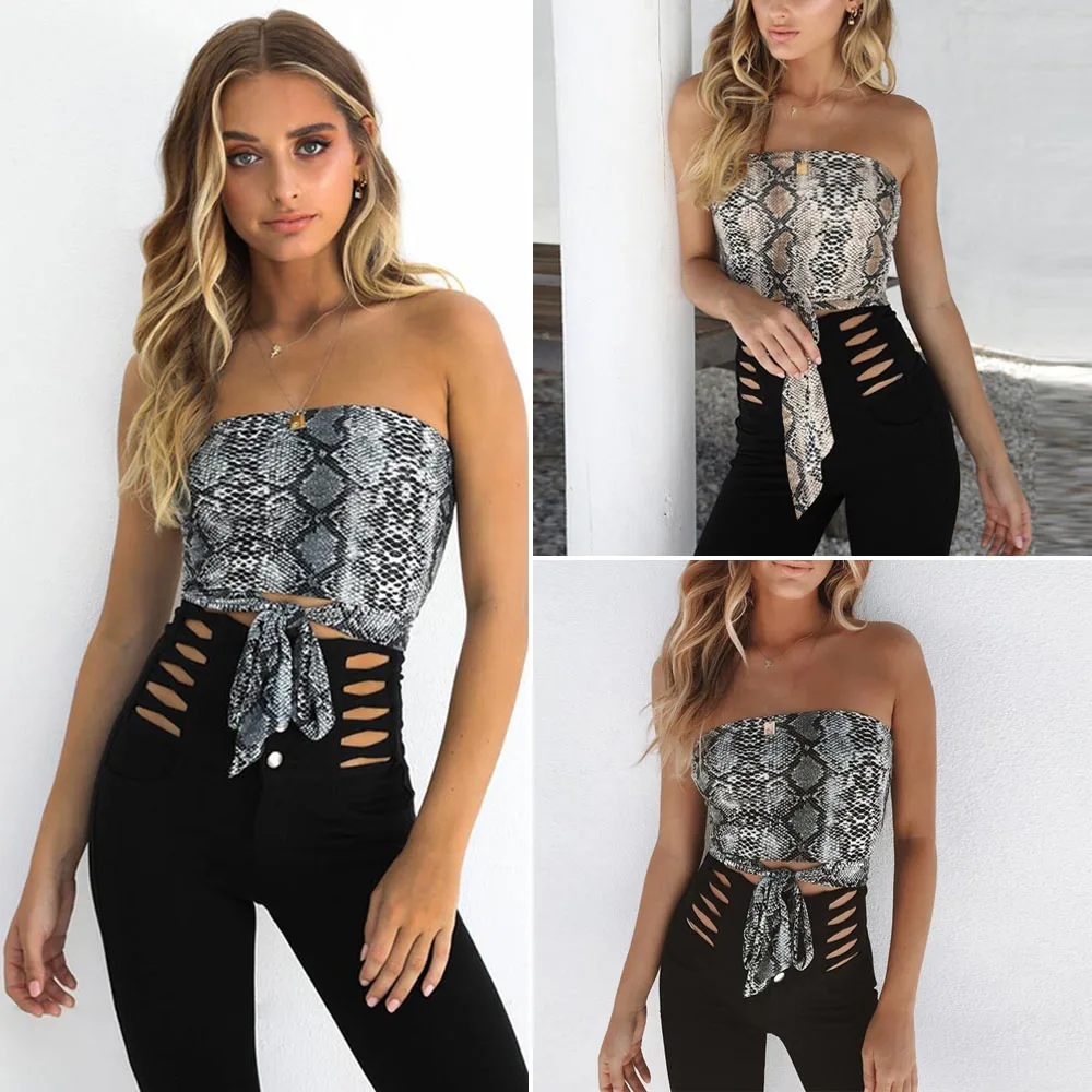 US STOCK Sexy T-shirts Bandeau Snake Vest Women Strapless Bra Tube Crop Top Off Shoulder