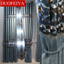 

European Luxury Living Room Curtain Blue Chenille Hollow Flannel Embroidery Curtain Bedroom Decoration Shading Cortinas 4