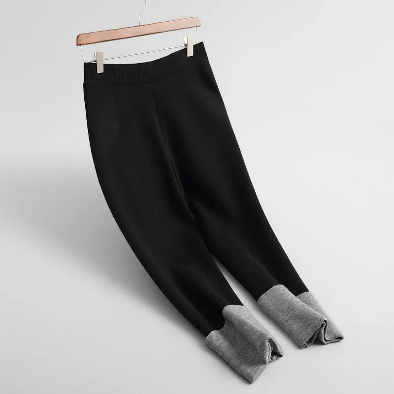 

J990 New Women's Elegant Color Block Cuff Sweater Pants Brief Design Match All Winter Warm Knitted Pencil Trousers