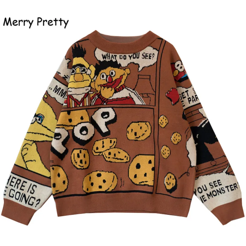 

Merry Pretty Winter Thick Warm Sweater Women Funny Cartoon Letter Printed Jacquard Pullovers Sweaters Knit Drop Shouder Jumpers