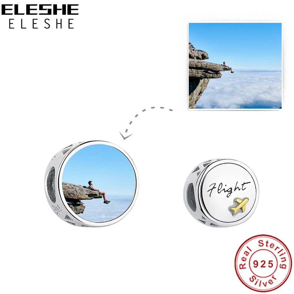 

ELESHE Customized DIY Photo Round Shape Beads Real 925 Sterling Silver Charms Fit Original Bracelets Personalized Jewelry Making