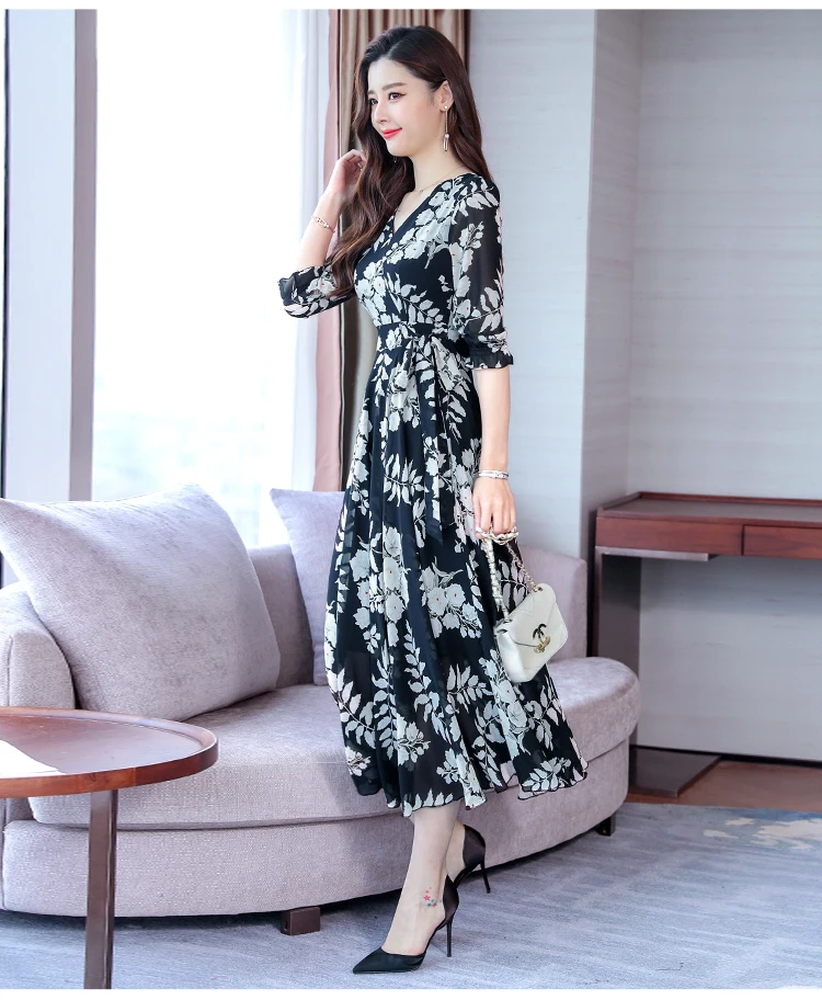 High Quality Plus Size Spring New Vintage Collect Waist 3/4 Sleeve Woman Long V Neck Chiffon Dress DC969