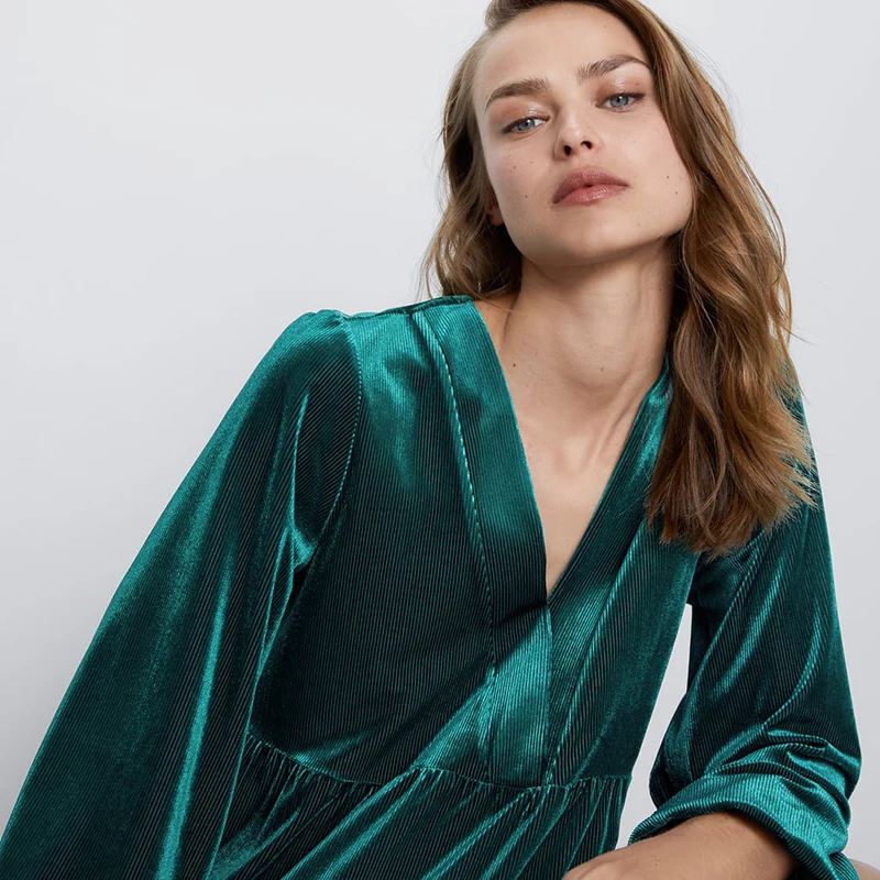 

2019 ZA Velvet Dark Green Shirt Loose Dress Women V-neck Long Sleeve Elastic Cuffs Laminated Decorative Hem Dress Wholesale
