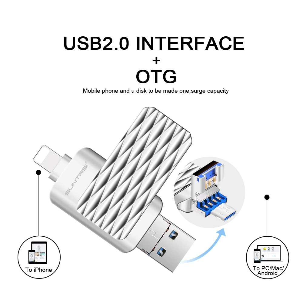 Suntrsi 32 Гб 2,0 USB флэш-накопитель OTG 3 в 1 64 ГБ для смартфона 7/8/x/xr/Android/ipad Флешка высокая скорость