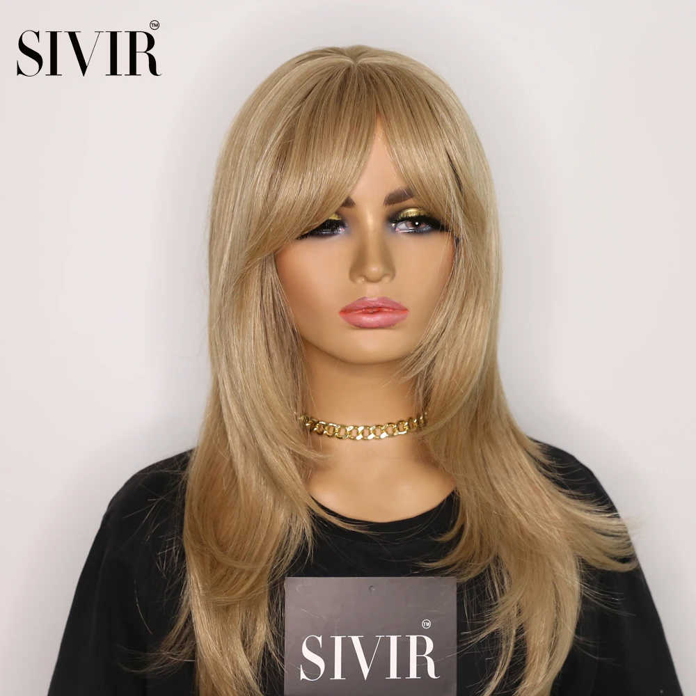 

Sivir Synthetic Wig Long Straight Layered Hairstyle Red Blonde color Wigs with Bangs wigs for Women Heat Resistant Fiber
