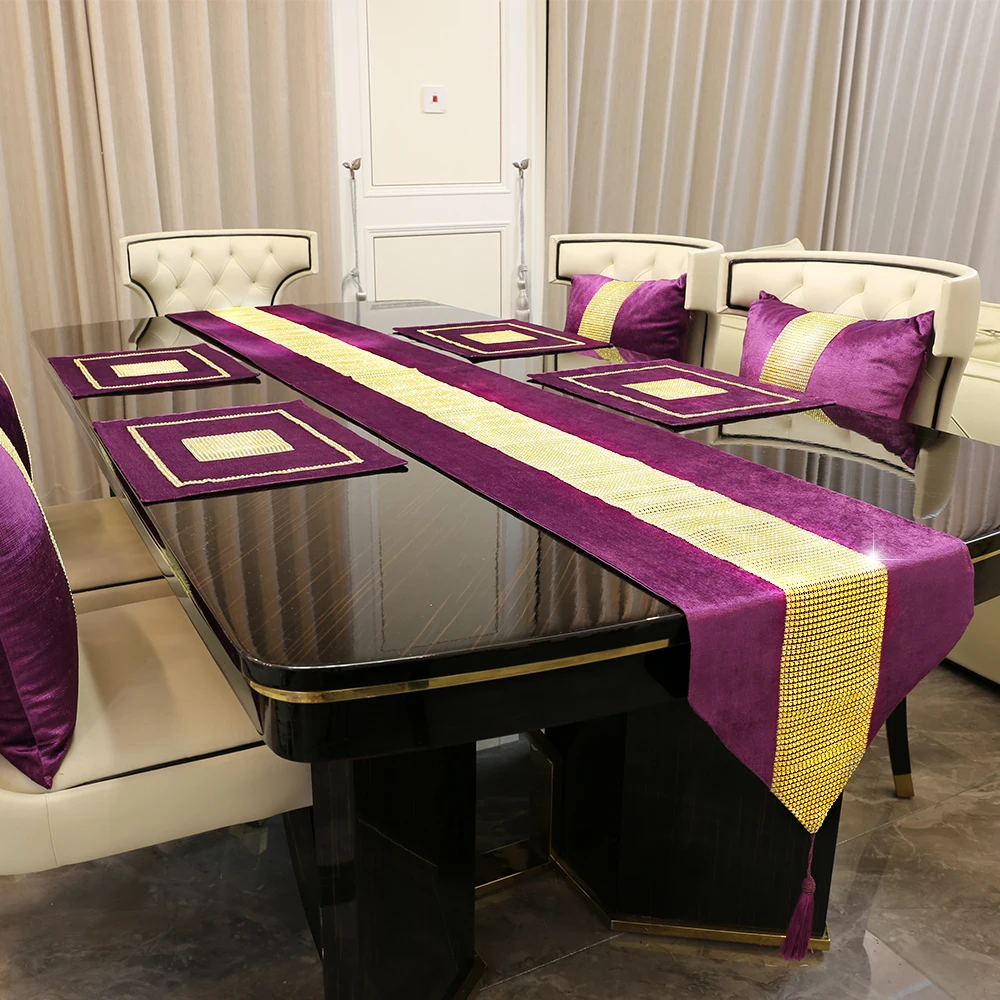 1pc Tassel Table Runner Purple Velvet Placemat Napkin Luxury Golden Diamond Decor for Wedding Party Dinner Table Decoration