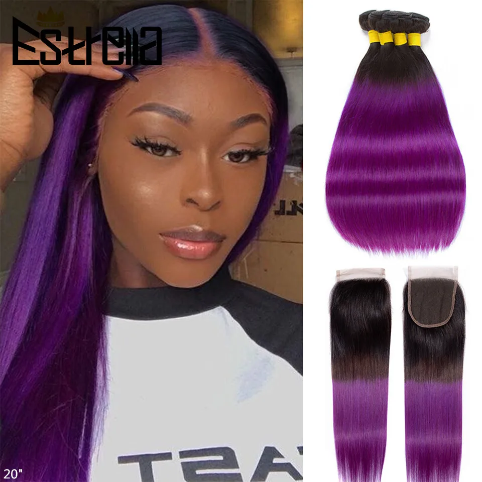Прямые человеческие волосы пряди с закрытием t1bфиолетовые бразильские волнистые