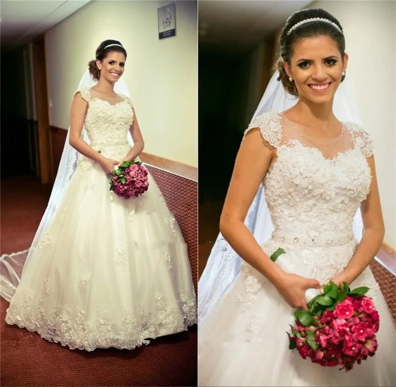 

Retro Scoop A-Line Wedding Dresses Lace Appliques Beaded Pearls Bridal Gowns Princess Custom Made Women Wedding Dress