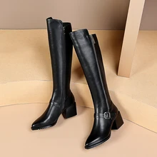 Plus size 42 women's genuine leather thick high heel winter knee high boots double zip ankle buckle pointed toe long boots shoes