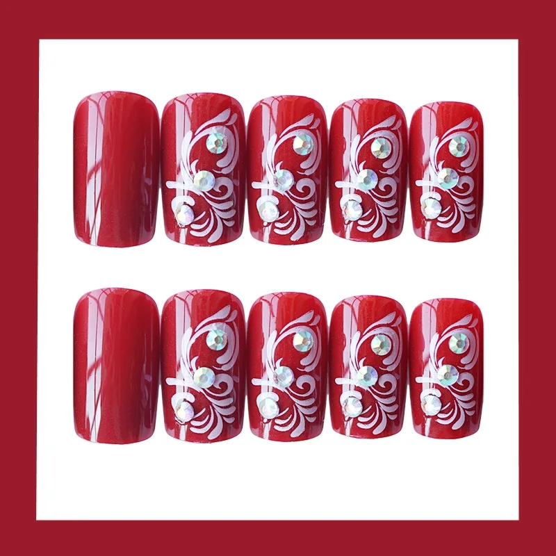 24pcs/Set Flower Pattern Bride Nail Art Tips Red Wedding Middle Long Fake Nails Glue Sticker Artificial Nail Tools False Nails