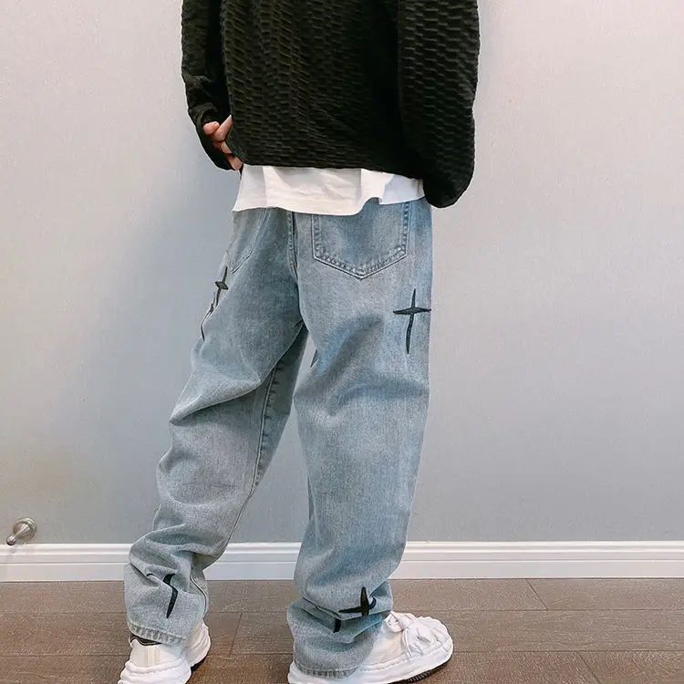 Description Picture 3 of itemLeather Embroidered Cross Vintage Blue Jeans Men's High Street Loose Straight Wide Leg Pants Hip Hop Streetwear Male Baggy Denim