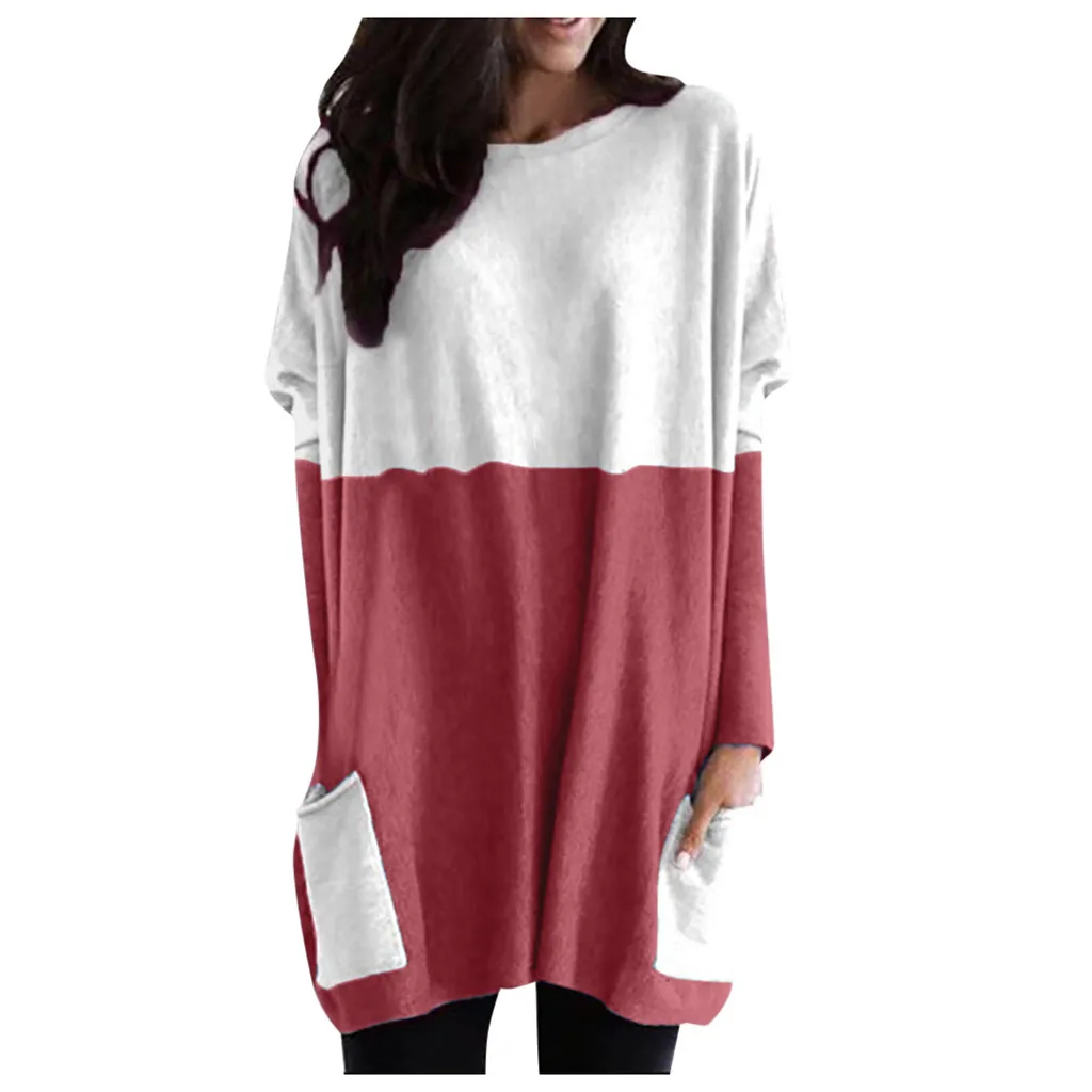 Blusas Mujer De Moda, женские модные повседневные свободные хлопковые топы с длинным рукавом, карманами и круглым вырезом